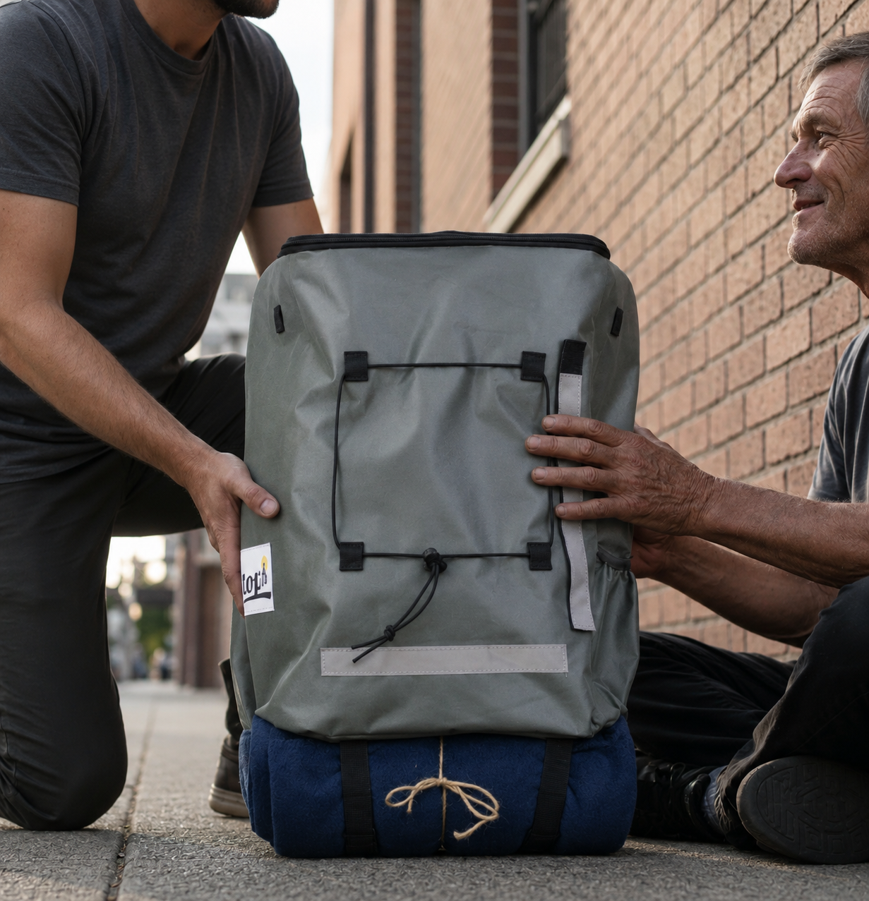 A volunteer handing a front-facing Hito Pak backpack to a neighbor on the street