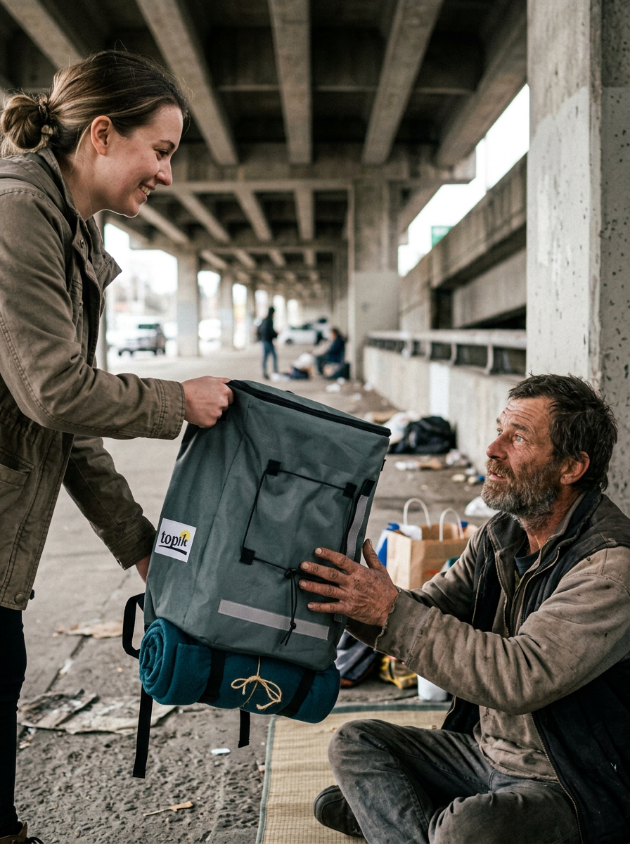A volunteer hands a backpack to a neighbor under an overpass