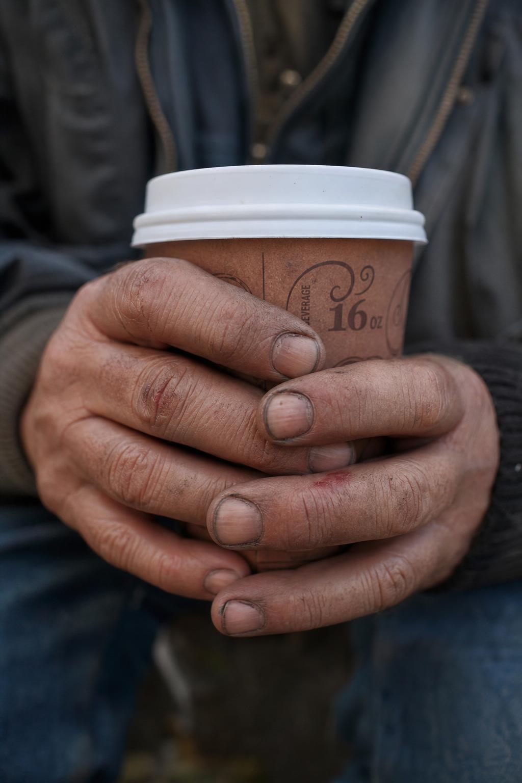 Weathered hands hold a warm cup of coffee on a cold morning